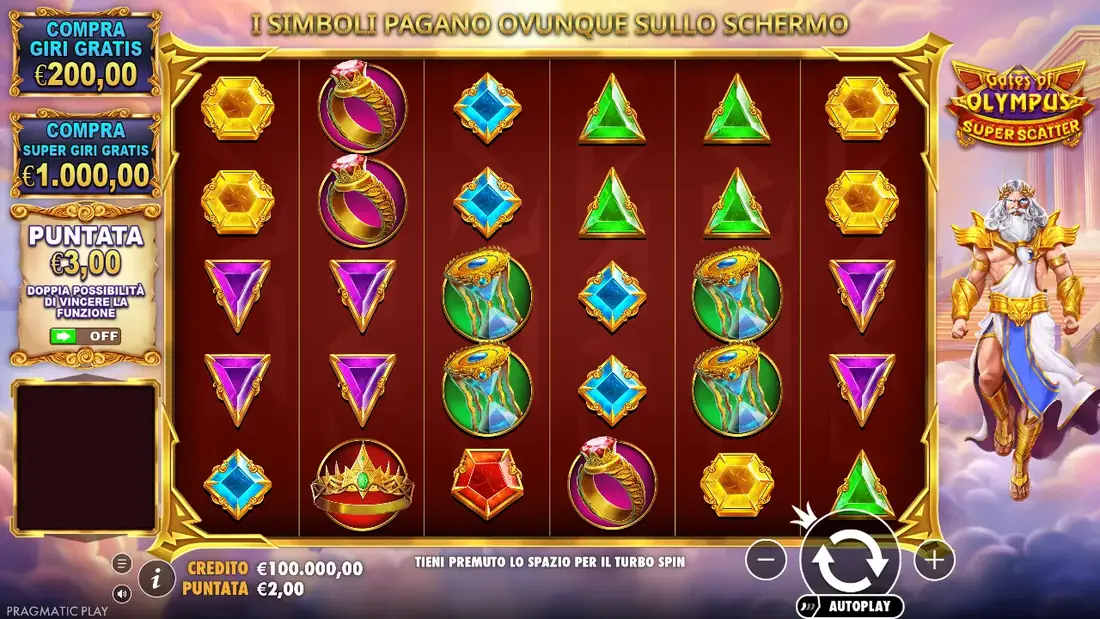 Griglia del gioco base di Gates of Olympus Super Scatter in modalità demo